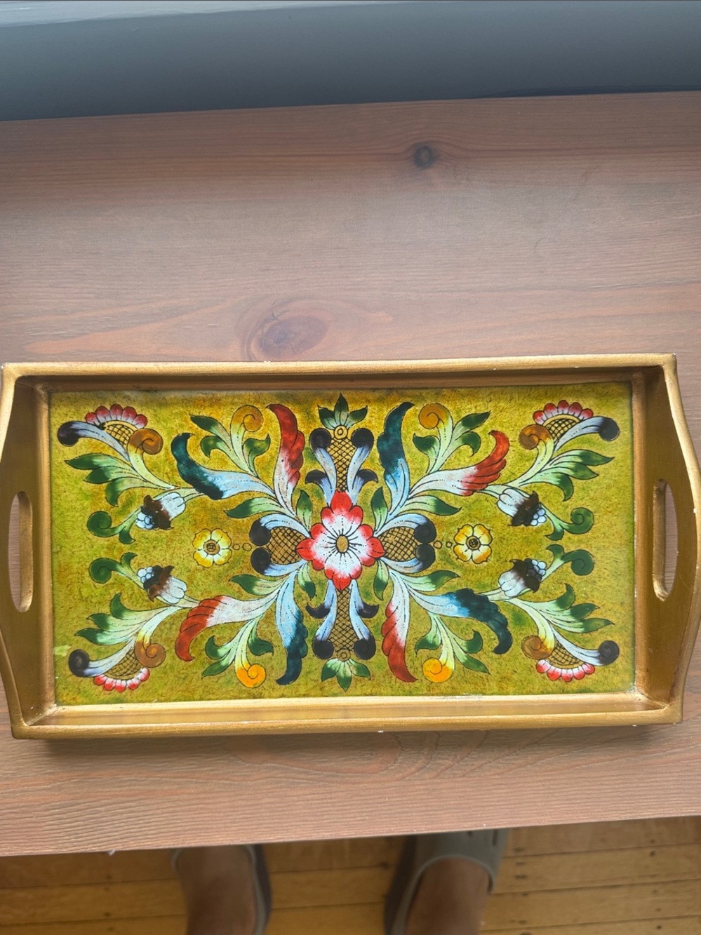 Hand-Painted Floral Decorative Serving Tray in Gold and Green